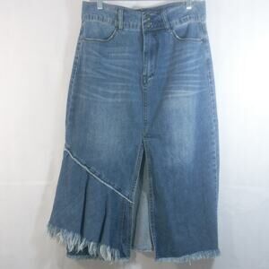 Luxe Moda Denim Distressed Frayed Hem Midi Skirt 12